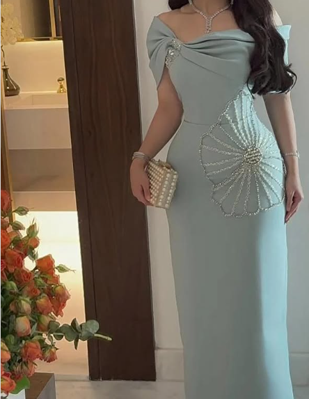 Elegant Mermaid Off Shoulder Blue Beaded Formal Prom Gown Evening Dress TP1880