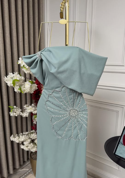 Elegant Mermaid Off Shoulder Blue Beaded Formal Prom Gown Evening Dress TP1880