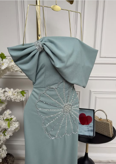Elegant Mermaid Off Shoulder Blue Beaded Formal Prom Gown Evening Dress TP1880