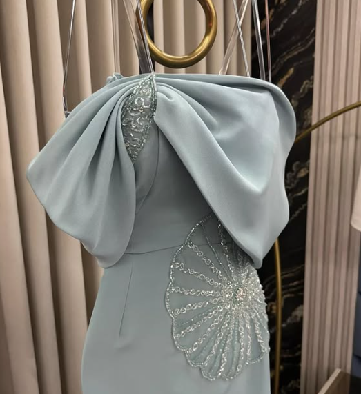Elegant Mermaid Off Shoulder Blue Beaded Formal Prom Gown Evening Dress TP1880