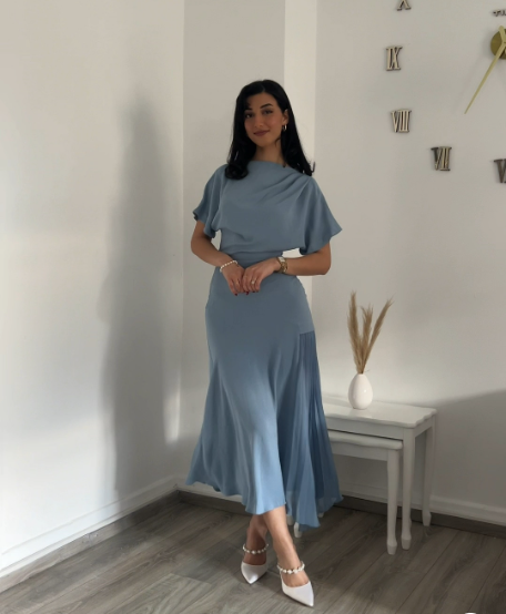 Elegant Blue A-line Chiffon Short Sleeve Tea Dress Formal Dress TP1881