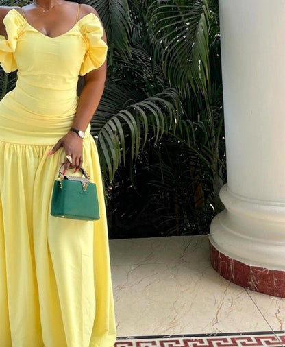 Chic Yellow A-line Spaghetti Strap Off-the-shoulder Long Ball Gown Evening Dress TP1884