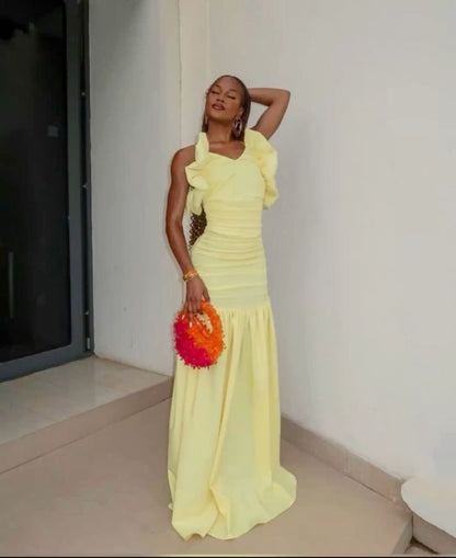 Chic Yellow A-line Spaghetti Strap Off-the-shoulder Long Ball Gown Evening Dress TP1884