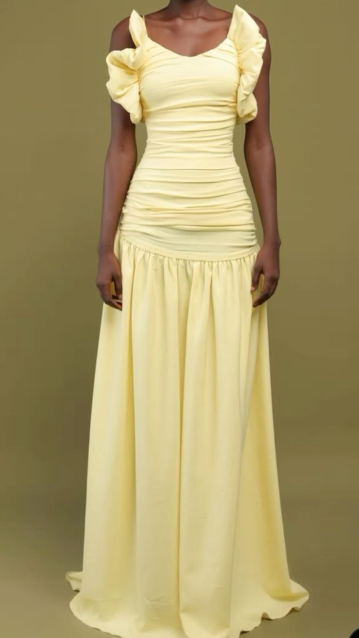 Chic Yellow A-line Spaghetti Strap Off-the-shoulder Long Ball Gown Evening Dress TP1884