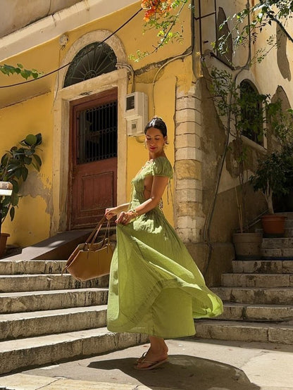 Fresh Green A-Line Short Sleeve Backless Dress TP1888
