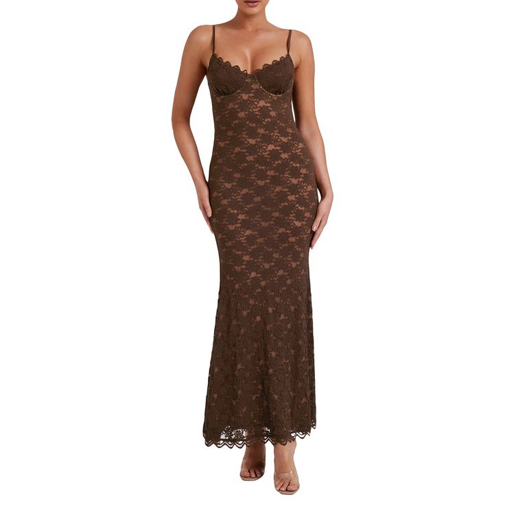 Sexy Brown Mermaid Lace Spaghetti Strap Ball Gown Evening Dress TP1889