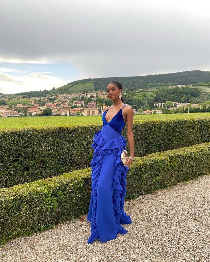 Sapphire Blue A-line Deep V Neck Spaghetti Strap Velvet Ruffle Ball Gown Evening Dress TP1890