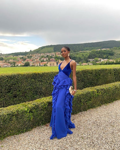 Sapphire Blue A-line Deep V Neck Spaghetti Strap Velvet Ruffle Ball Gown Evening Dress TP1890