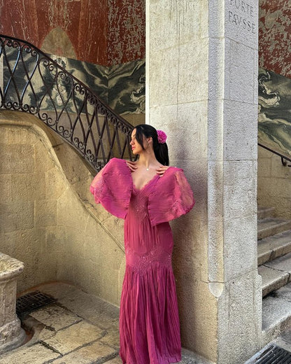 Retro Purple A-line V-neck Long Sleeve Lace Prom Dress TP1893