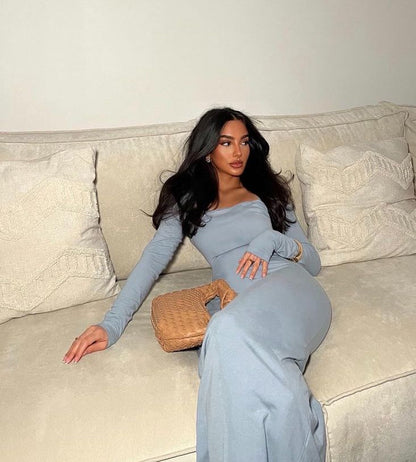 Simple Blue Mermaid Long Sleeve Prom Dress TP1894