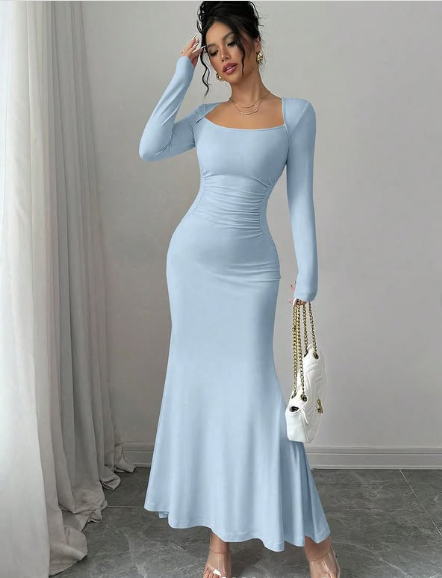 Simple Blue Mermaid Long Sleeve Prom Dress TP1894