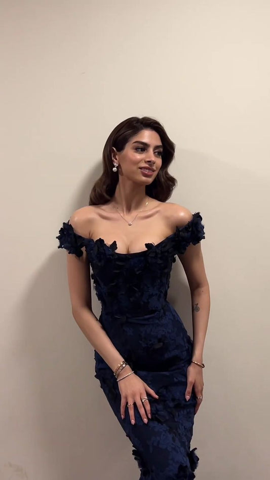 Elegant Navy Blue Mermaid Off Shoulder Lace 3D Flower Floor Length Formal Prom Dress Evening Gown TP1906