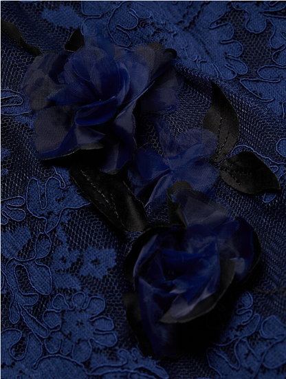 Elegant Navy Blue Mermaid Off Shoulder Lace 3D Flower Floor Length Formal Prom Dress Evening Gown TP1906