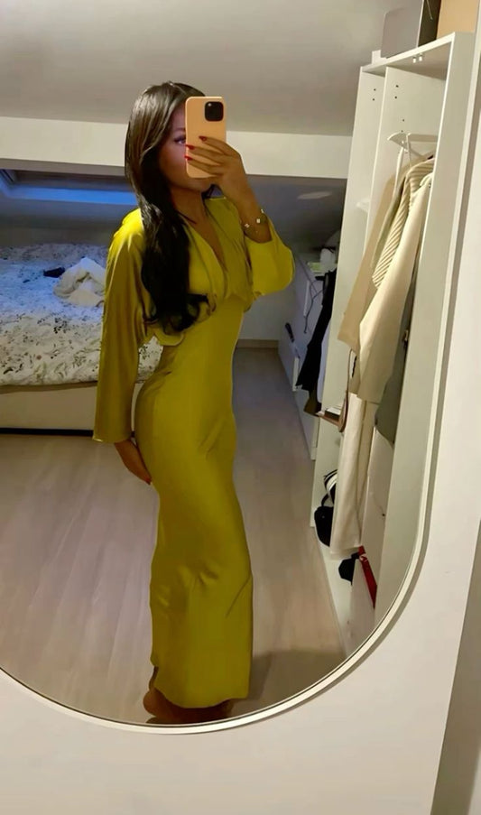 Yellow mermaid deep V neck long sleeve satin ankle length formal evening gown TP1908