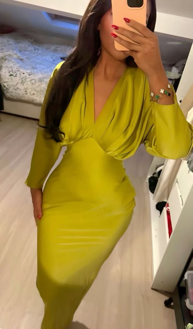 Yellow mermaid deep V neck long sleeve satin ankle length formal evening gown TP1908