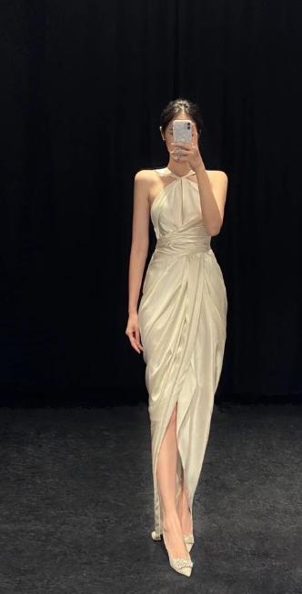 Ivory White Halter Neck Off Shoulder High Low Slit Satin Elegant Formal Prom Dress Evening Gown TP1913