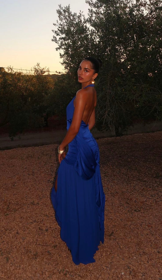 Sexy Sapphire Blue V-neck Halter Backless Satin Formal Ball Gown Evening Dress TP1916