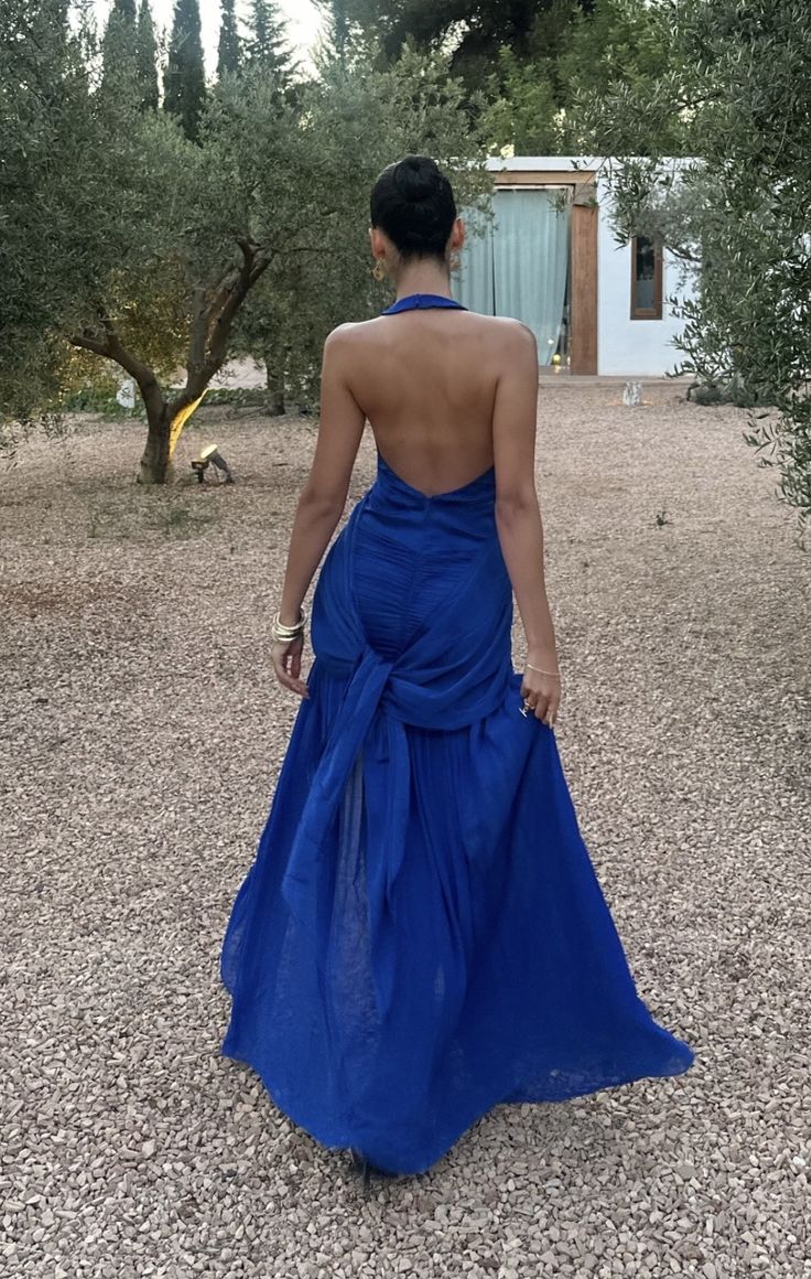 Sexy Sapphire Blue V-neck Halter Backless Satin Formal Ball Gown Evening Dress TP1916