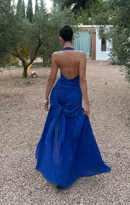 Sexy Sapphire Blue V-neck Halter Backless Satin Formal Ball Gown Evening Dress TP1916