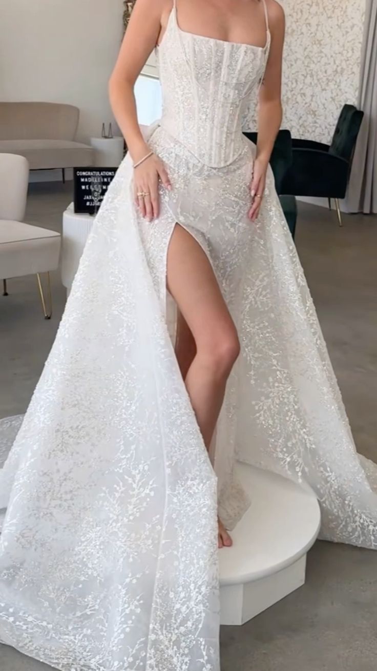 Elegant Spaghetti Strap Lace High Slit Wedding Dress TP1918