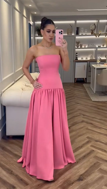 Simple Pink A-line Strapless Off-shoulder Floor-length Ball Gown Evening Dress TP1919