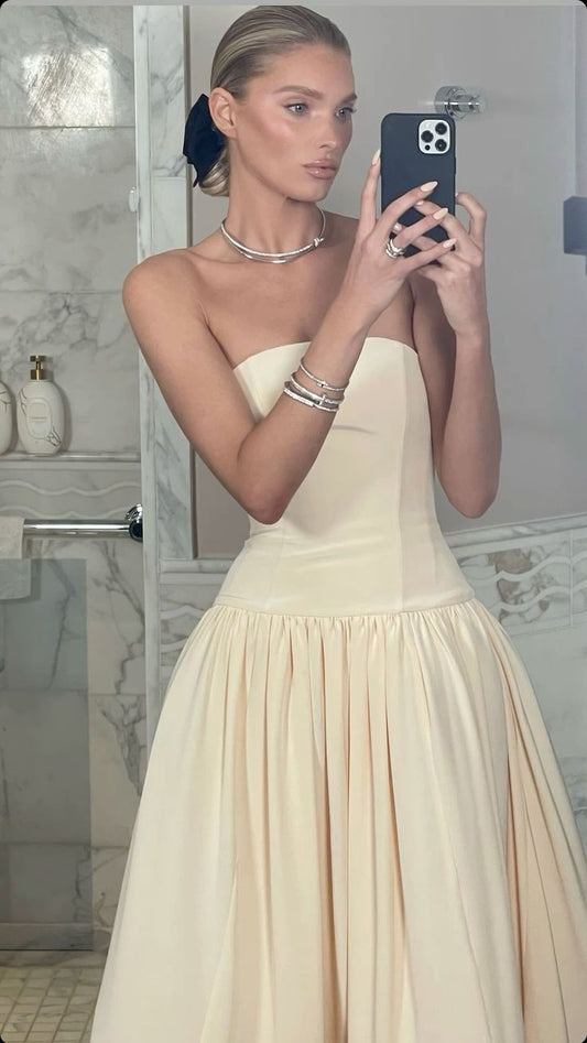 Light Yellow A-Line Strapless Sleeveless Floor-Mounting Formal Prom Gown Evening Dress TP1920