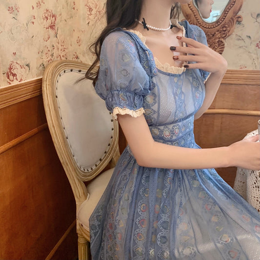 Blue Sweet A-line Short Sleeve Lace Ankle-length Dress TP1922