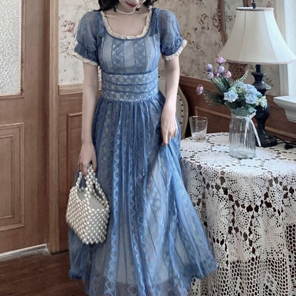 Blue Sweet A-line Short Sleeve Lace Ankle-length Dress TP1922