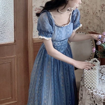 Blue Sweet A-line Short Sleeve Lace Ankle-length Dress TP1922