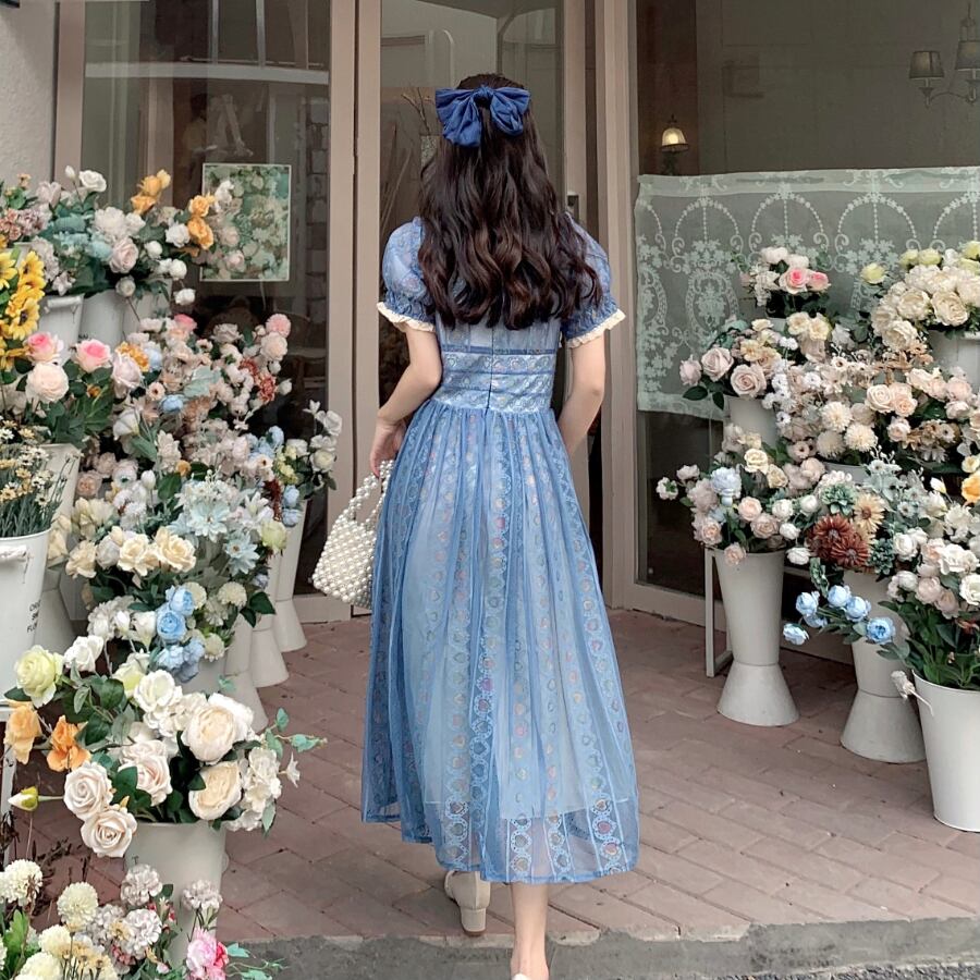 Blue Sweet A-line Short Sleeve Lace Ankle-length Dress TP1922