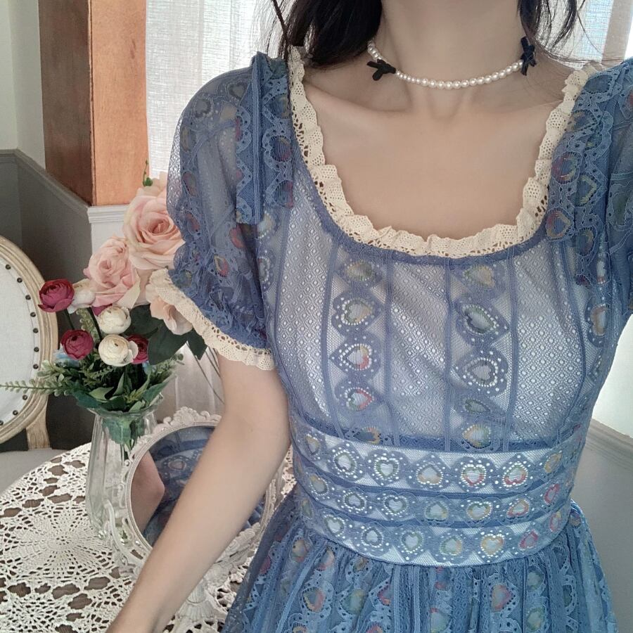 Blue Sweet A-line Short Sleeve Lace Ankle-length Dress TP1922