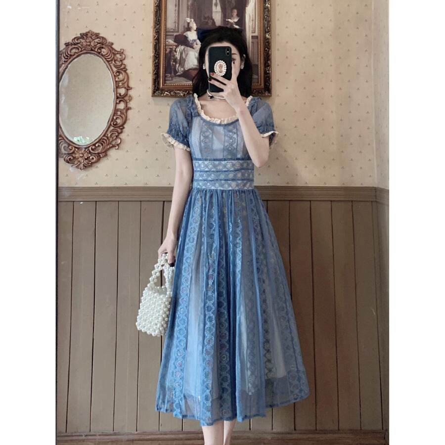 Blue Sweet A-line Short Sleeve Lace Ankle-length Dress TP1922