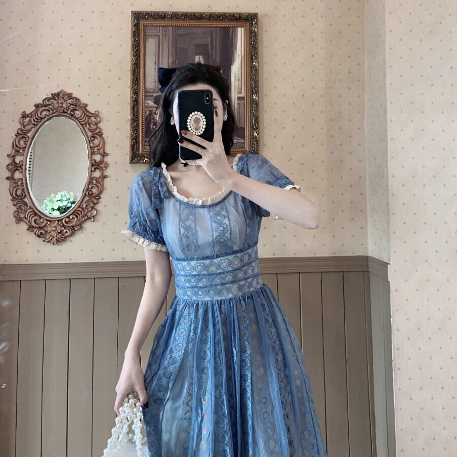 Blue Sweet A-line Short Sleeve Lace Ankle-length Dress TP1922