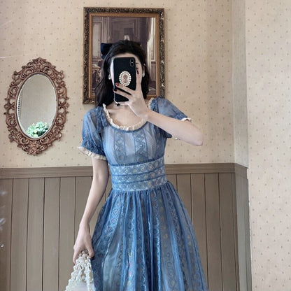 Blue Sweet A-line Short Sleeve Lace Ankle-length Dress TP1922