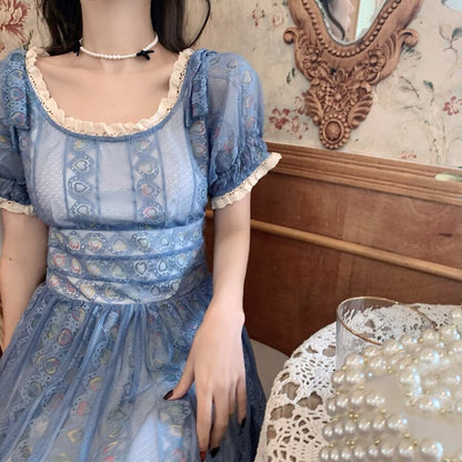 Blue Sweet A-line Short Sleeve Lace Ankle-length Dress TP1922