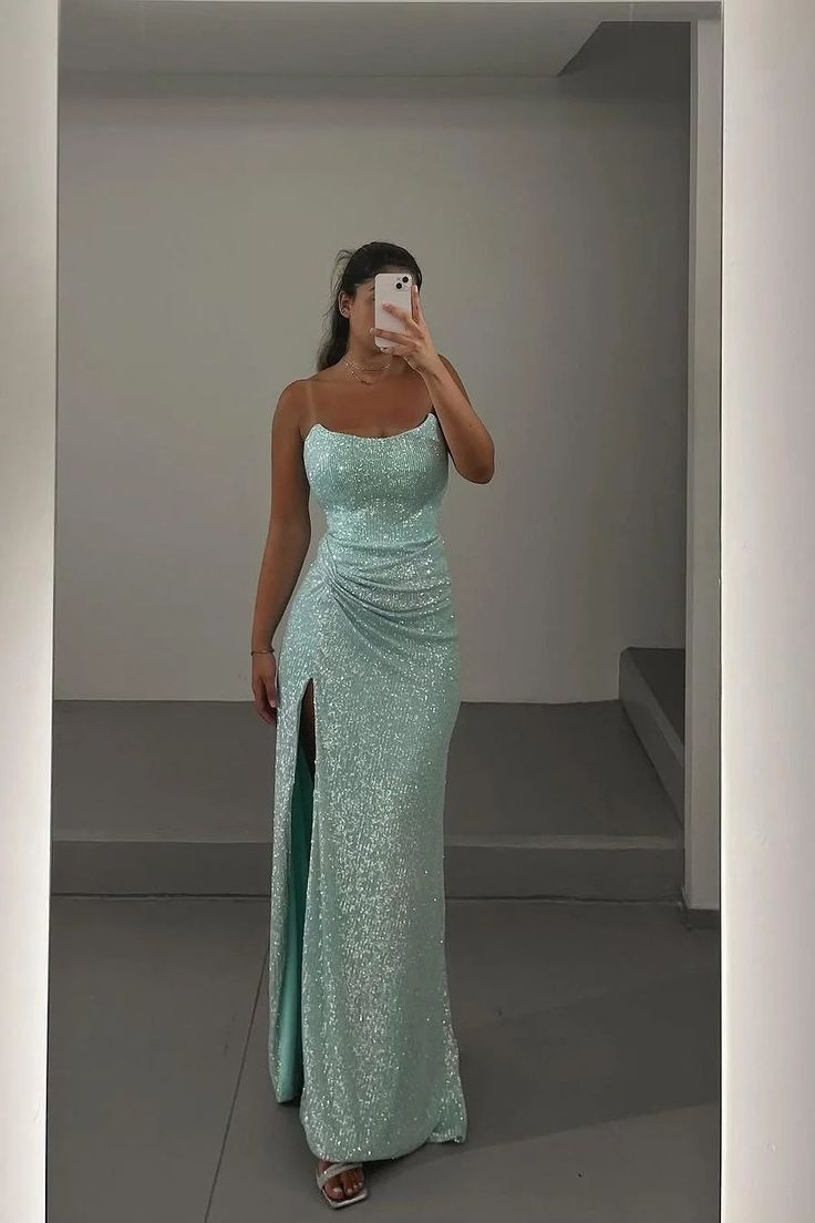 Elegant Green Strapless Sequined High Slit Formal Prom Dress Evening Gown TP1923