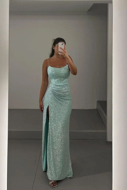 Elegant Green Strapless Sequined High Slit Formal Prom Dress Evening Gown TP1923