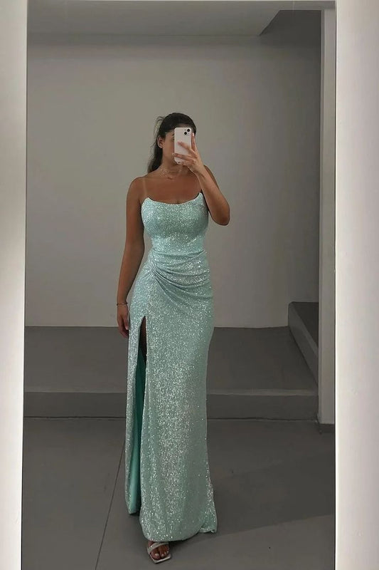 Elegant Green Strapless Sequined High Slit Formal Prom Dress Evening Gown TP1923