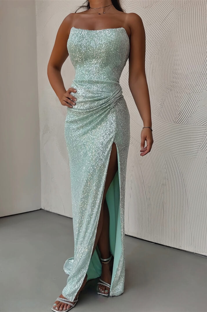 Elegant Green Strapless Sequined High Slit Formal Prom Dress Evening Gown TP1923