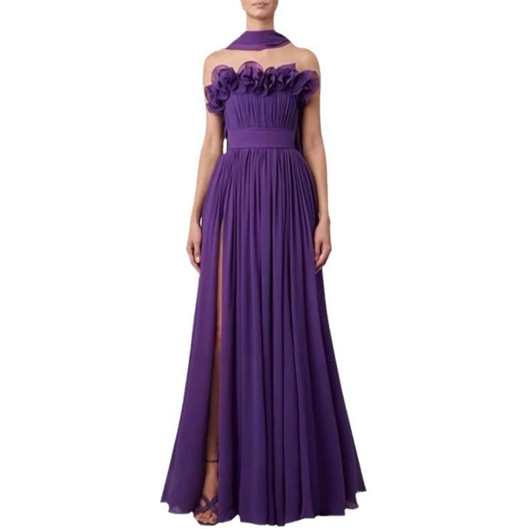 Charming Purple A-line Sleeveless Chiffon High Slit Formal Prom Gown Evening Dress TP1924