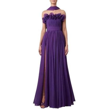 Charming Purple A-line Sleeveless Chiffon High Slit Formal Prom Gown Evening Dress TP1924