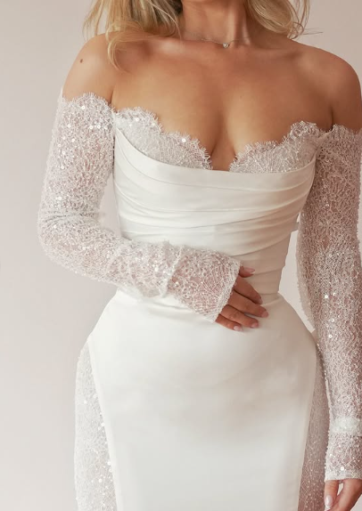 Elegant Mermaid Off-shoulder Lace Long Sleeve Satin Train Wedding Dress TP1925