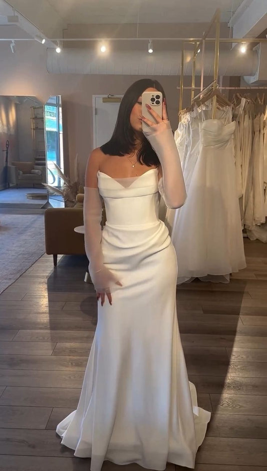 White V-neck Off-shoulder Mermaid Satin Long Ball Gown Wedding Dress TP1928