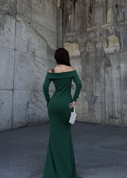 V Neck Off Shoulder Long Sleeve Mermaid Slit Glitter Formal Prom Dress Evening Gown TP1930