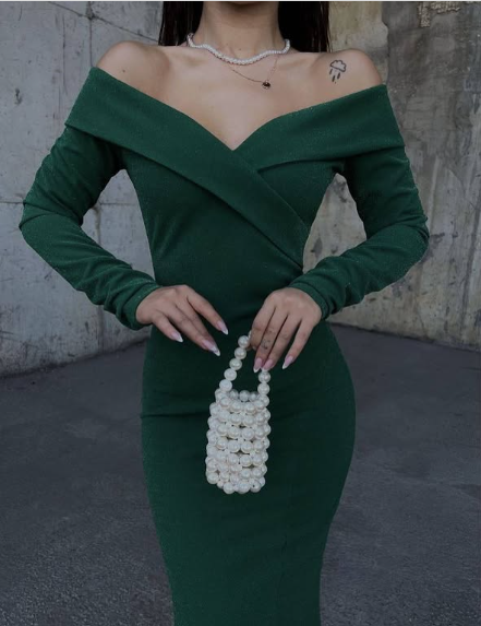 V Neck Off Shoulder Long Sleeve Mermaid Slit Glitter Formal Prom Dress Evening Gown TP1930