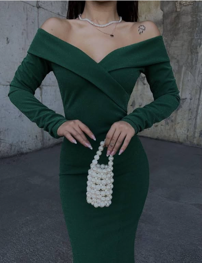 V Neck Off Shoulder Long Sleeve Mermaid Slit Glitter Formal Prom Dress Evening Gown TP1930