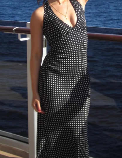 Simple Black and White Polka Dot Deep V Neck Sleeveless Mermaid Ball Gown Evening Dress TP1934