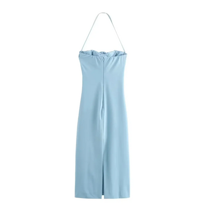 Simple Blue Halter Neck Mermaid 3D Flower Ankle-Length Ball Gown TP1937
