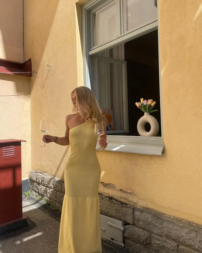 Elegant Light Yellow Mermaid One Shoulder Sleeveless Knitted Drape Long Dress TP1938