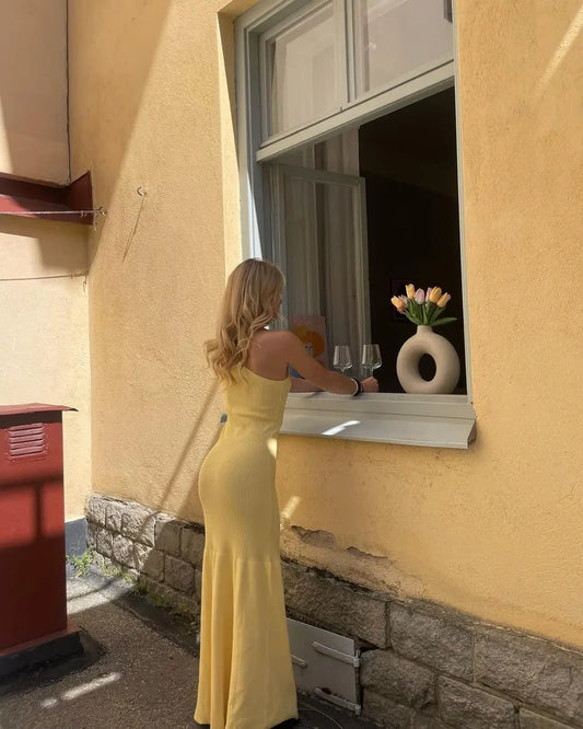 Elegant Light Yellow Mermaid One Shoulder Sleeveless Knitted Drape Long Dress TP1938